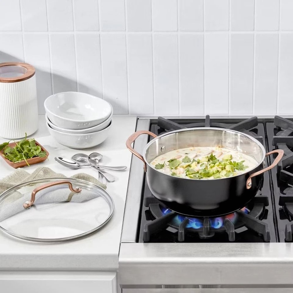 Matte Black Stainless Steel Dutch Oven With Blush Bronze Lid Induction Oven Safe Easy Grip Handles 3