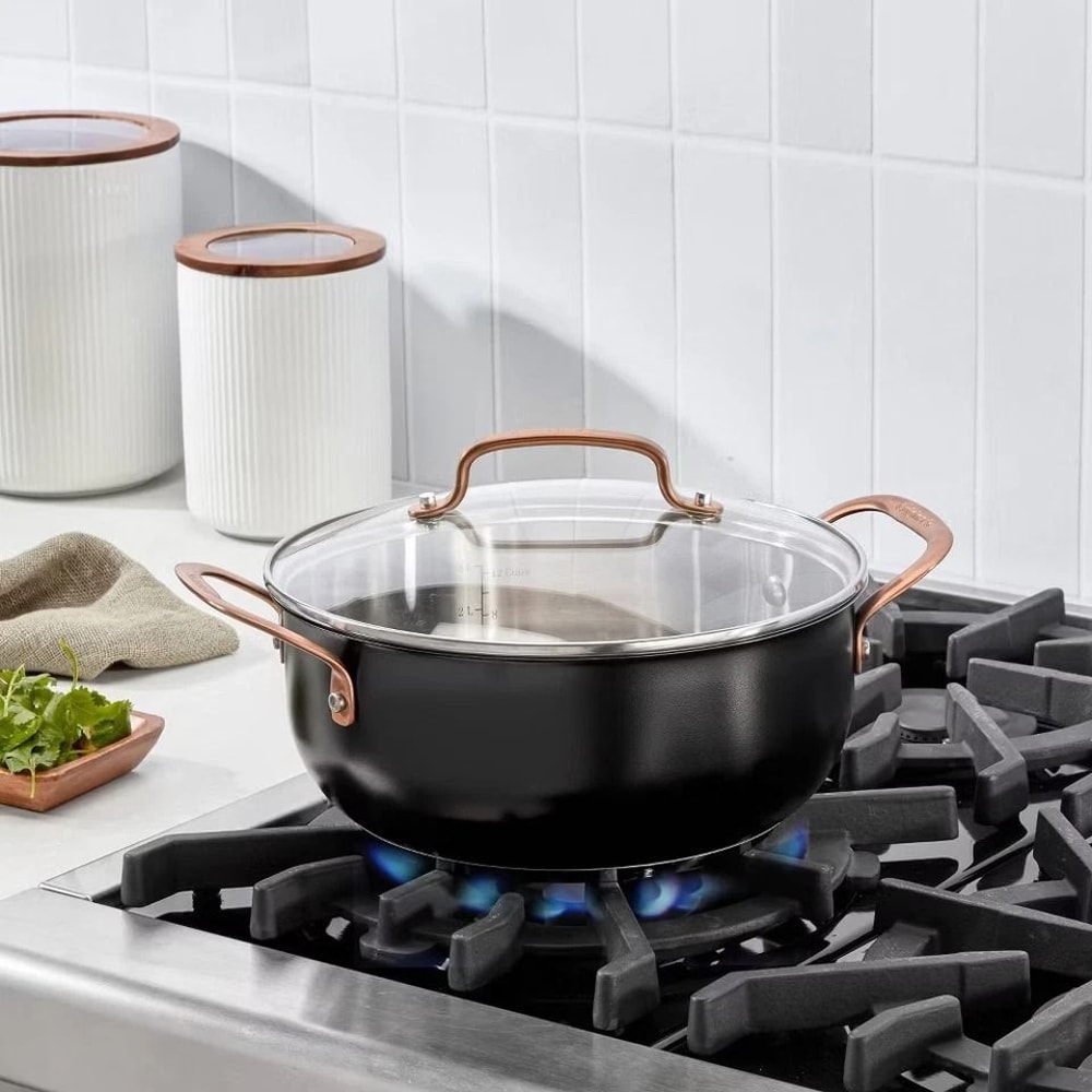 Matte Black Stainless Steel Dutch Oven With Blush Bronze Lid Induction Oven Safe Easy Grip Handles 0