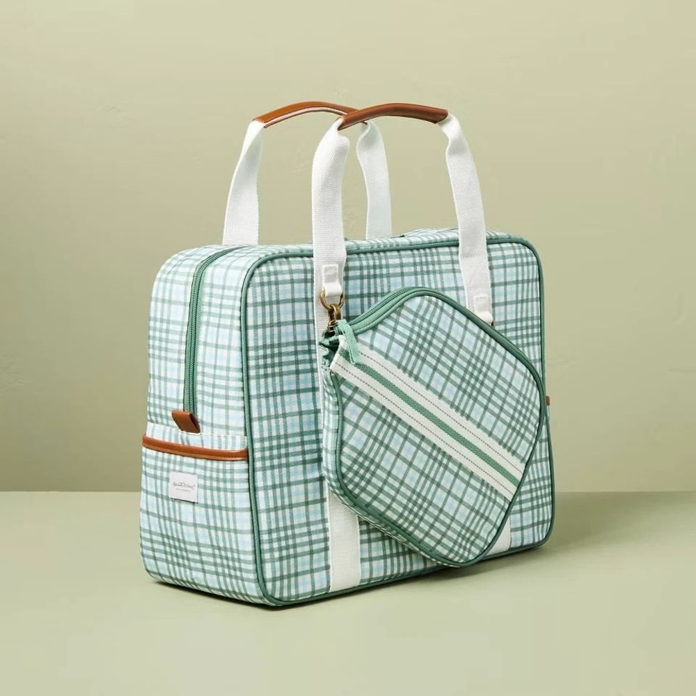 GreenBlue Plaid Pickleball Bag Paddle Cover Set Spacious Polyester Bag Hearth Hand With Magnolia 2