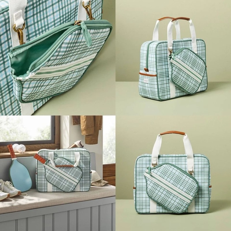 GreenBlue Plaid Pickleball Bag Paddle Cover Set Spacious Polyester Bag Hearth Hand With Magnolia 4