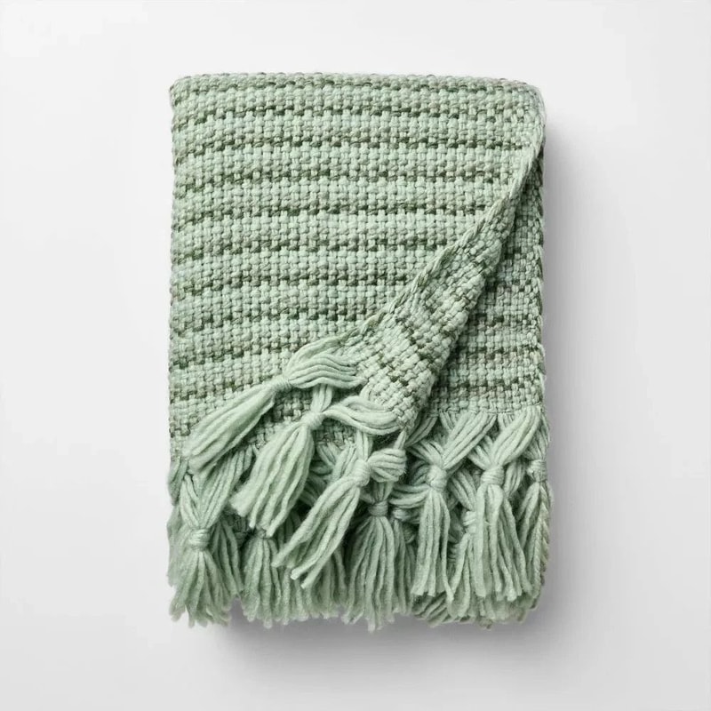 Cozy Multi Green Throw Mixed Yarn Woven With Crossed Tassels Recycled Polyester For EcoConscious Co 2