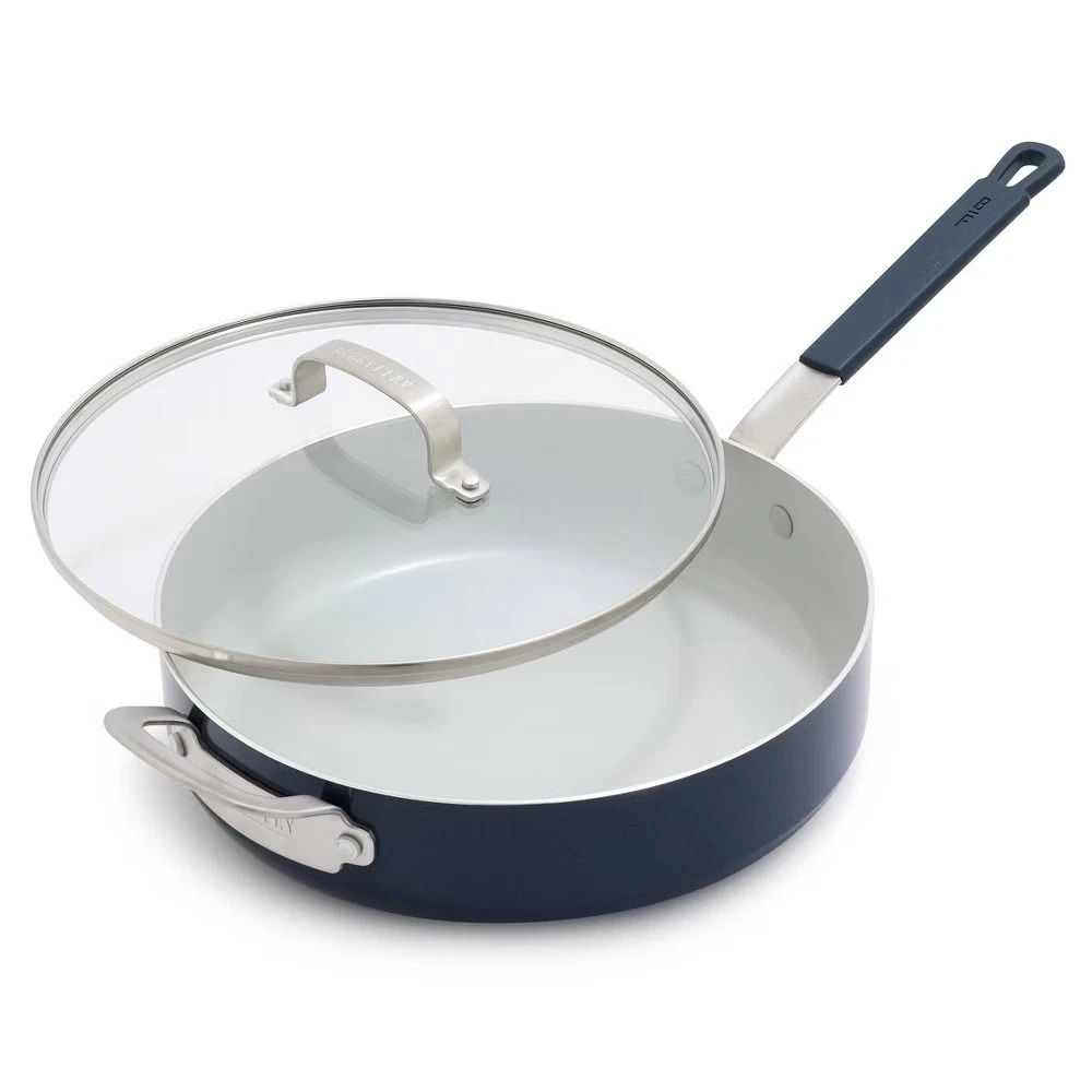 Ceramic Nonstick Aluminum Saute Pan With Lid Oxford Blue NonToxic Induction Safe Easy To Clean 0