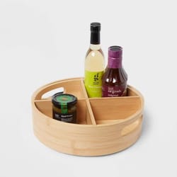 bamboo lazy susan turntable with dividers, light yellow, compartment rotating organizer for spices, condiments