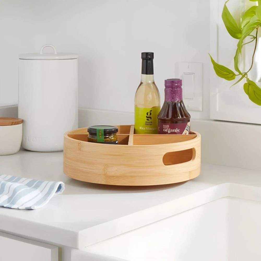 Bamboo Lazy Susan Turntable With Dividers Light Yellow Compartment Rotating Organizer For Spices Co 1