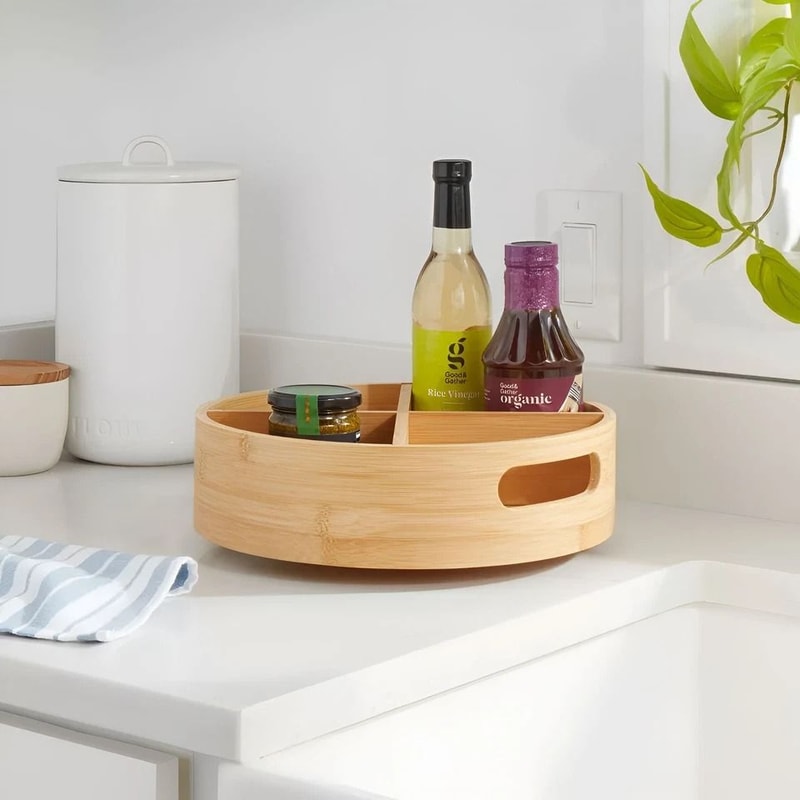 Bamboo Lazy Susan Turntable With Dividers Light Yellow Compartment Rotating Organizer For Spices Co 1