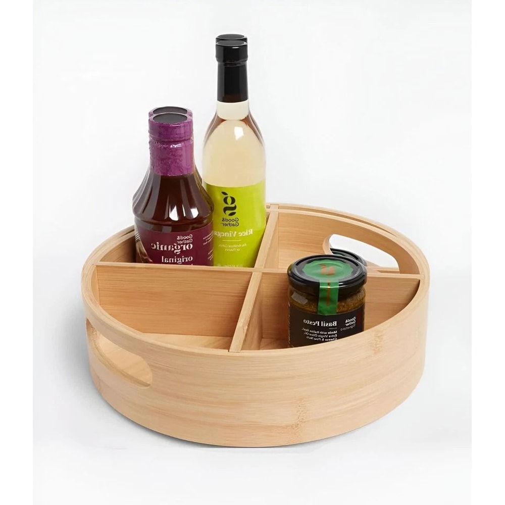 Bamboo Lazy Susan Turntable With Dividers Light Yellow Compartment Rotating Organizer For Spices Co 2