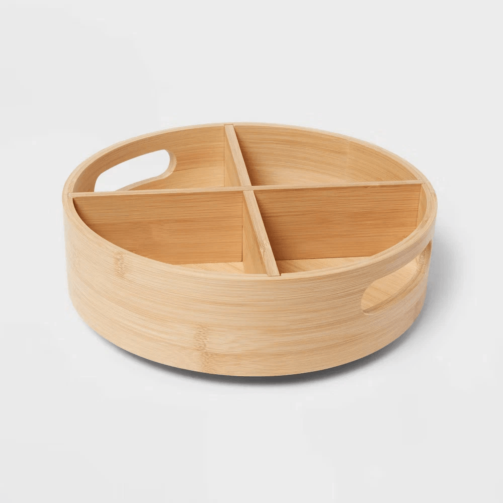 Bamboo Lazy Susan Turntable With Dividers Light Yellow Compartment Rotating Organizer For Spices Co 3