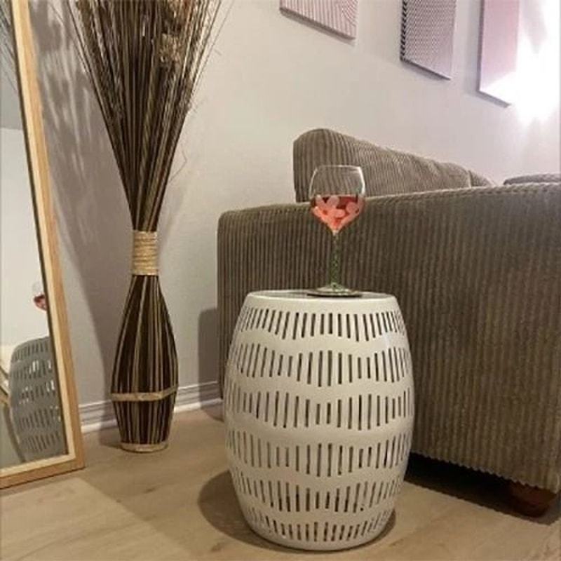 White Metal Cutout Round Patio Accent Table RustResistant Barrel Shape No Assembly Room Essentials 4