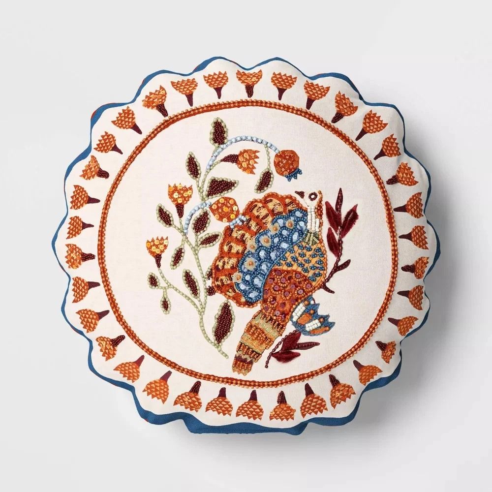 Round Turkey Pillow Threshold CottonLinen Pillow Thanksgiving Decorative Pillow With Floral Embroid 0