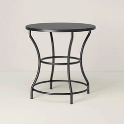 designed round bistro patio dining table with jungalow, modern black metal frame, perfect for outdoor dining
