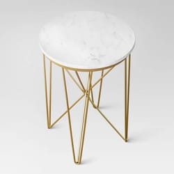 marble round threshold end table, narrow design with crisscross gold legs, mid-century modern accent for any space