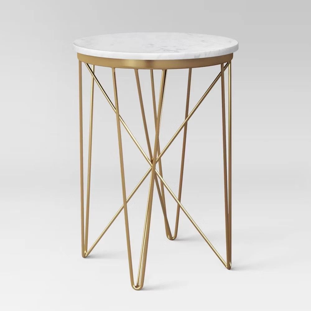 Marble Round Threshold End Table Narrow Design With Crisscross Gold Legs MidCentury Modern Accent F 4