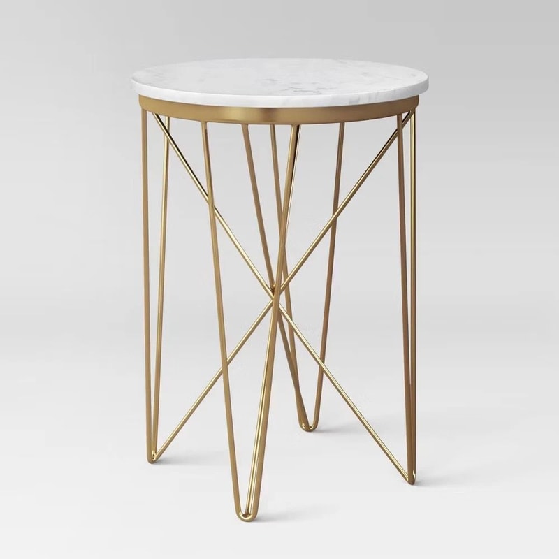 Marble Round Threshold End Table Narrow Design With Crisscross Gold Legs MidCentury Modern Accent F 4