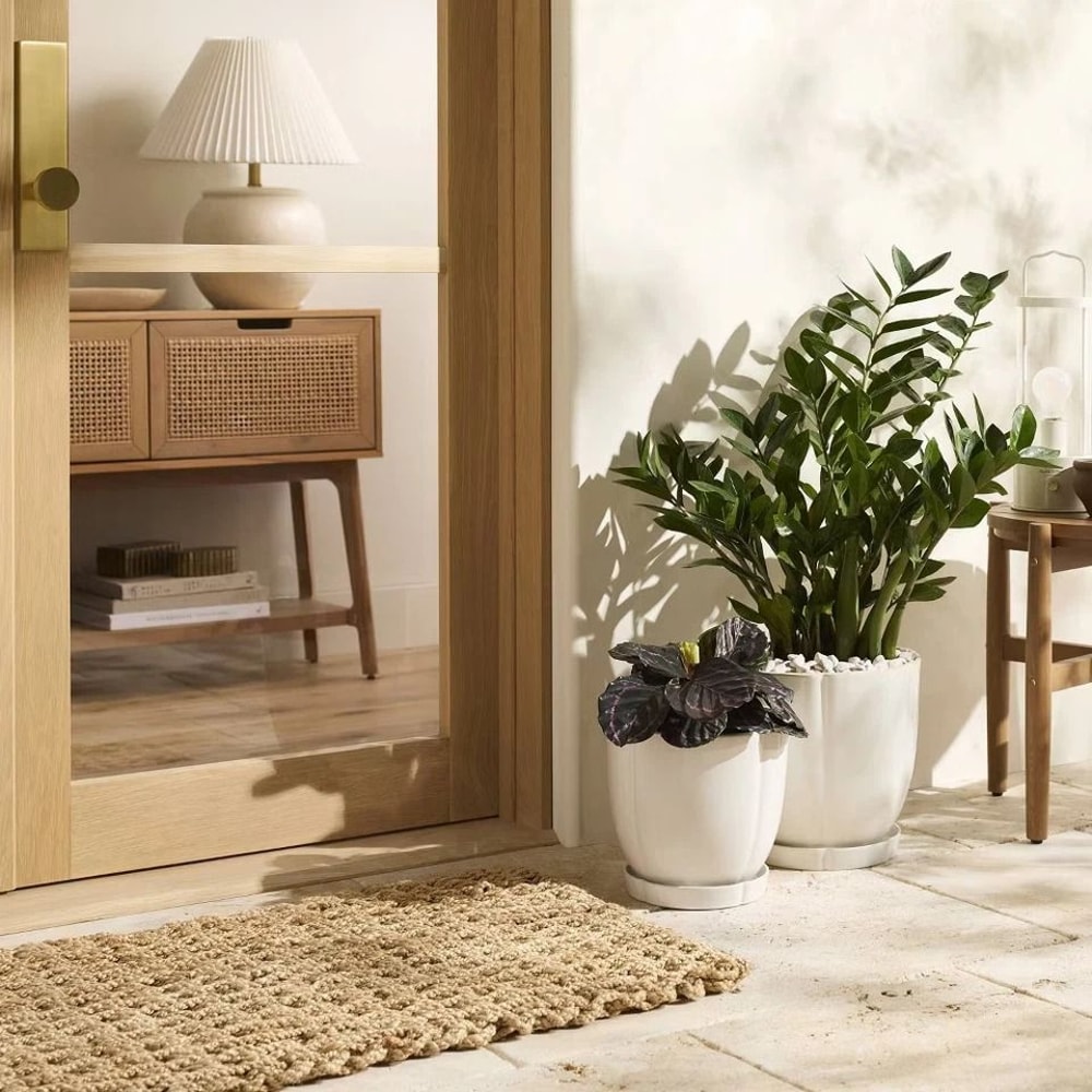 Cream Stoneware Planter Pot With Saucer IndoorOutdoor Use Glossy Finish Hearth Hand Drainage Hole 1