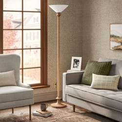natural brown torchiere floor lamp, threshold, cone shade, way lighting, metal base, stylish room lighting