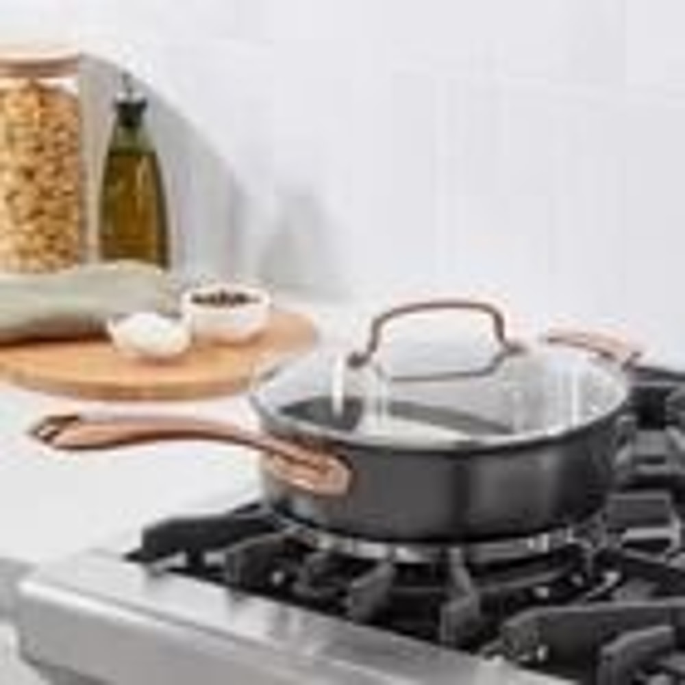 Matte Black Stainless Saute Pan With Blush Bronze Handle Tempered Glass Lid Induction Ready 1