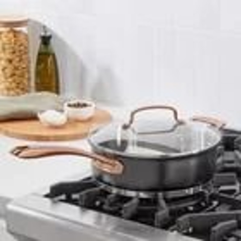 Matte Black Stainless Saute Pan With Blush Bronze Handle Tempered Glass Lid Induction Ready 1