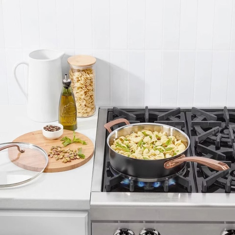 Matte Black Stainless Saute Pan With Blush Bronze Handle Tempered Glass Lid Induction Ready 2