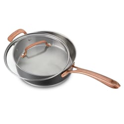 matte black stainless saute pan with blush bronze handle, tempered glass lid, induction ready