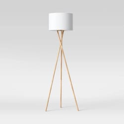 natural tripod floor lamp, elegant drum shade, threshold design, metal base with wood finish, led compatible