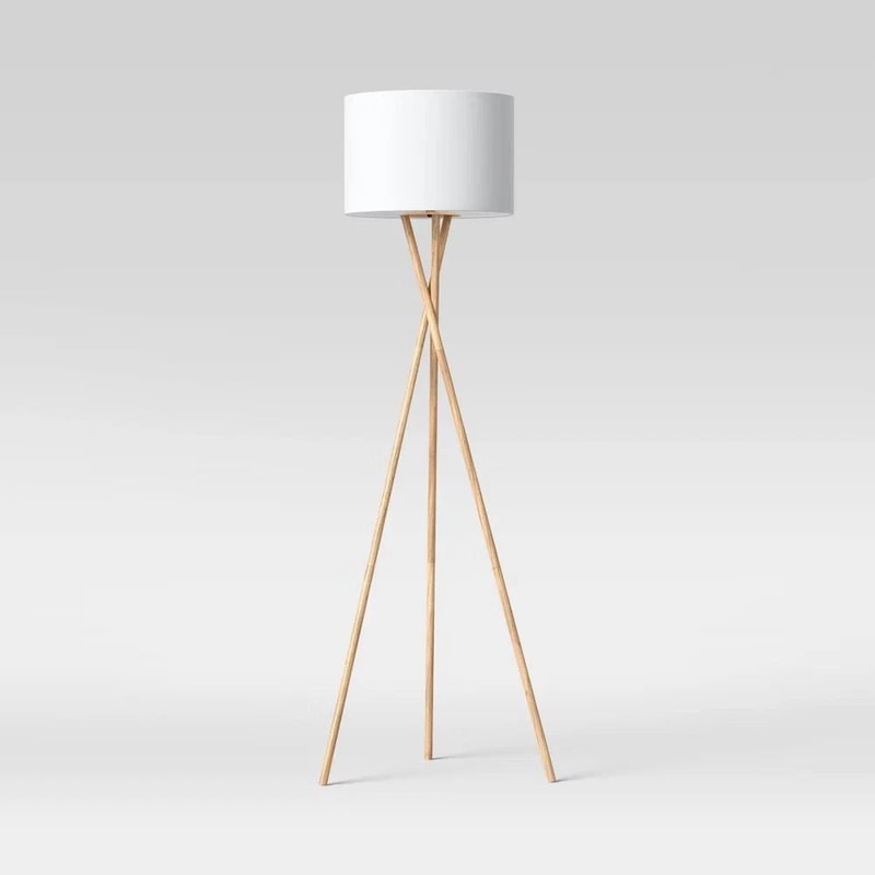 Natural Tripod Floor Lamp Elegant Drum Shade Threshold Design Metal Base With Wood Finish LED Compa