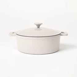 light gray enamel dutch oven, enameled cast iron, oven safe, induction & gas stove compatible