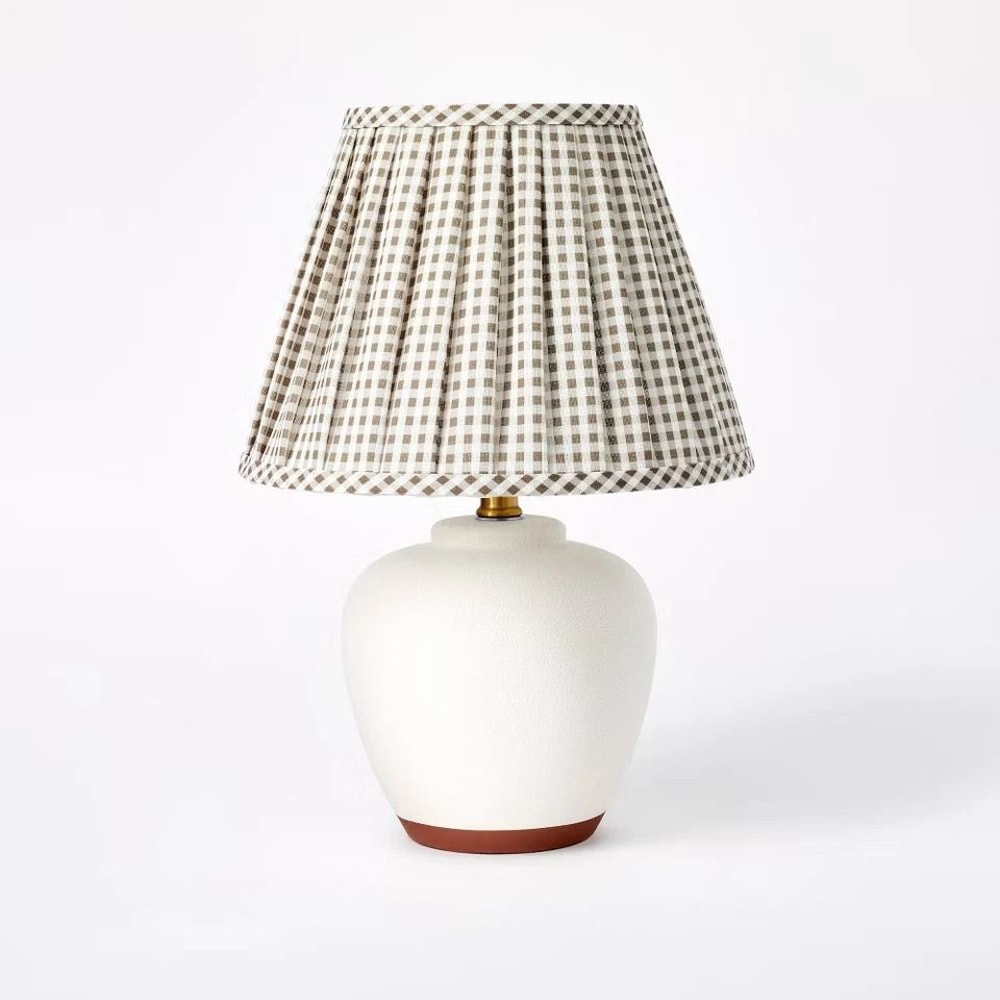 Gingham Print Ceramic Table Lamp With Pleated Shade CreamSage Green 0