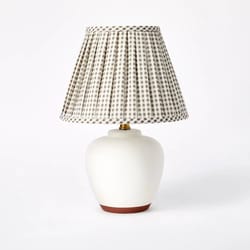 gingham print ceramic table lamp with pleated shade, cream/sage green