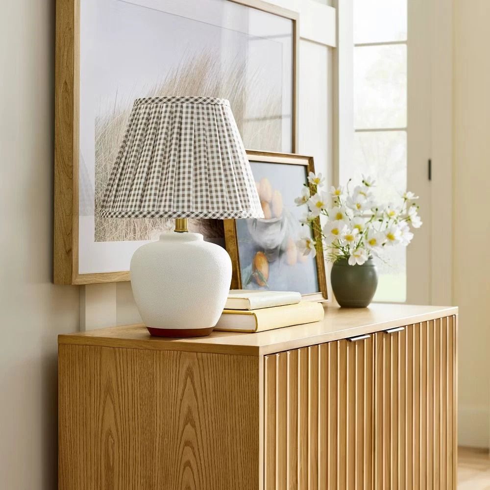 Gingham Print Ceramic Table Lamp With Pleated Shade CreamSage Green 4