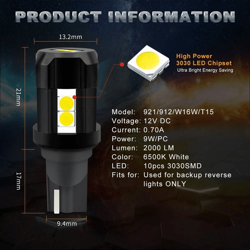 Super Bright White LED Reverse Backup Light Bulb Socket Long Lifespan Canbus ErrorFree 2