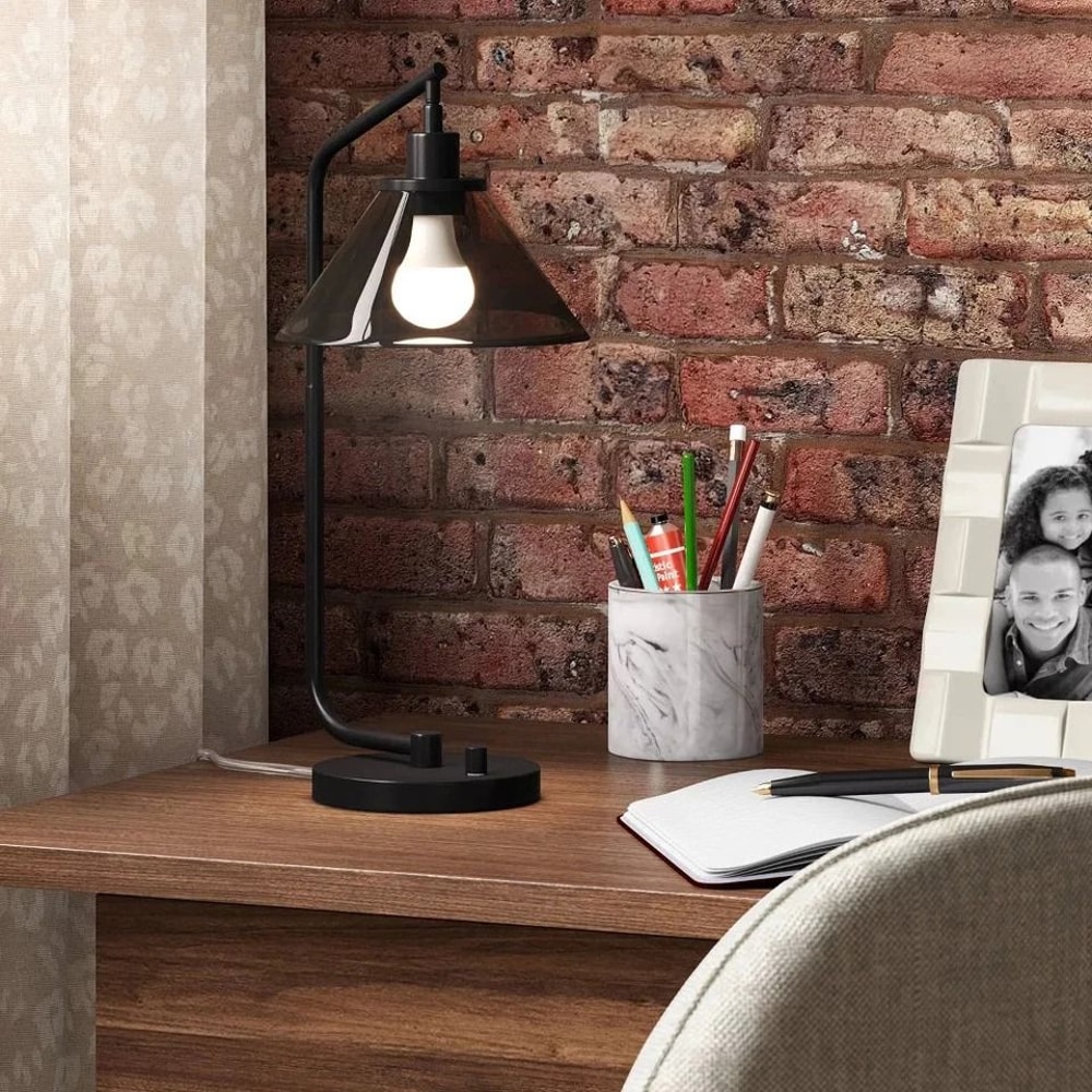 Black Smoked Glass Table Lamp Threshold Stylish Desk Lamp With Metal Base Ideal For Home Or Office 1