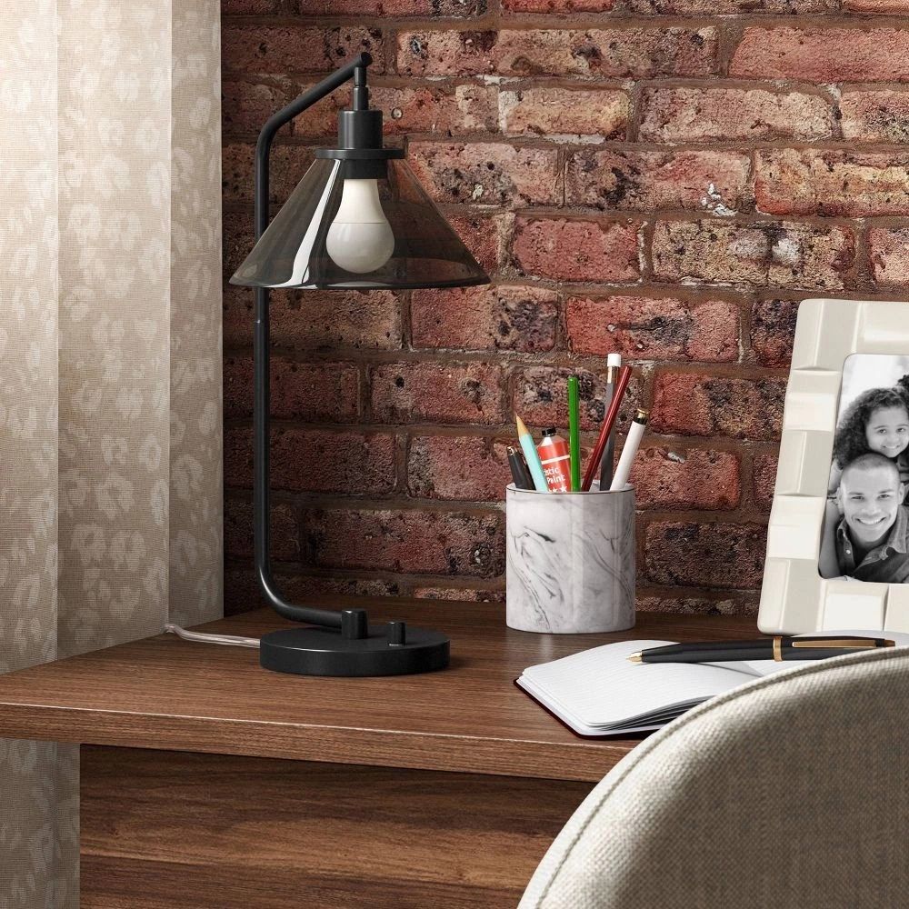 Black Smoked Glass Table Lamp Threshold Stylish Desk Lamp With Metal Base Ideal For Home Or Office 3