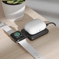 portable wireless charger by just wireless black, charges iphone, apple watch, airpods, travel ready, folding design