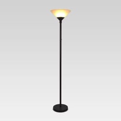 stylish torch floor lamp, slate black metal design, dimmable glass cone shade, rotary switch for bedroom or living room