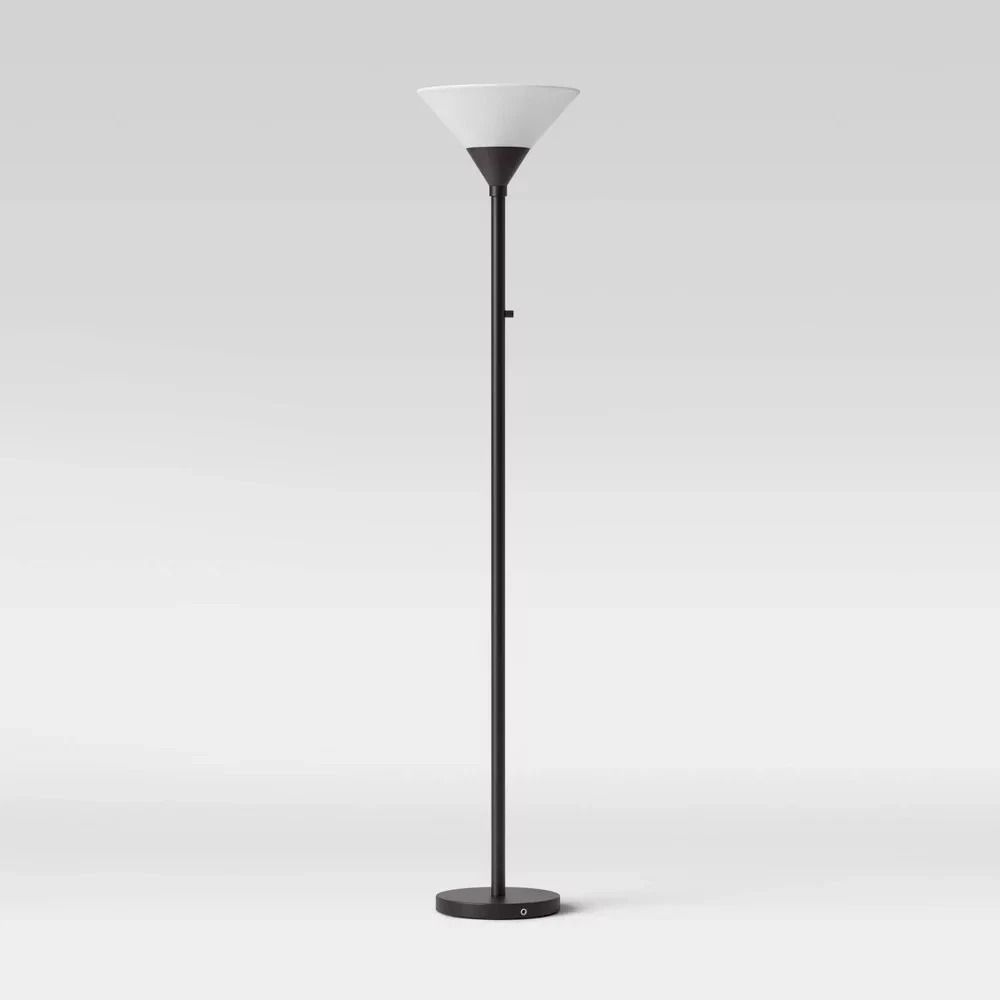 Stylish Torch Floor Lamp Slate Black Metal Design Dimmable Glass Cone Shade Rotary Switch For Bedro 4