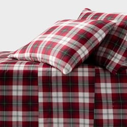 threshold thread count full holiday performance sheet set, red plaid, soft cotton sateen bedding for holiday comfort