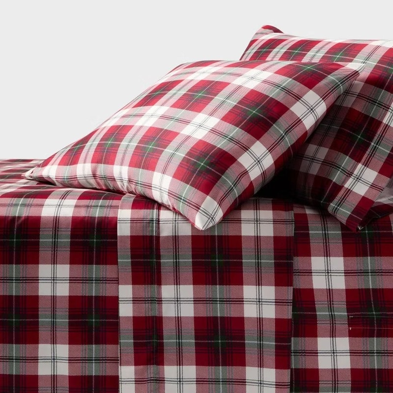 Threshold Thread Count Full Holiday Performance Sheet Set Red Plaid Soft Cotton Sateen Bedding For 0