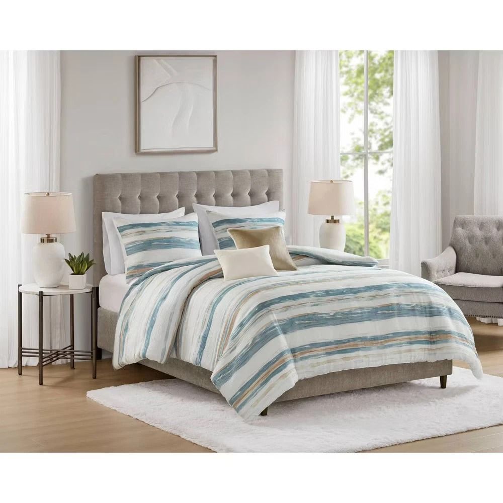 Blue Queen Watercolor Striped Bedding Set Comforter Shams And Decorative Pillows For Stylish Bedroo 6