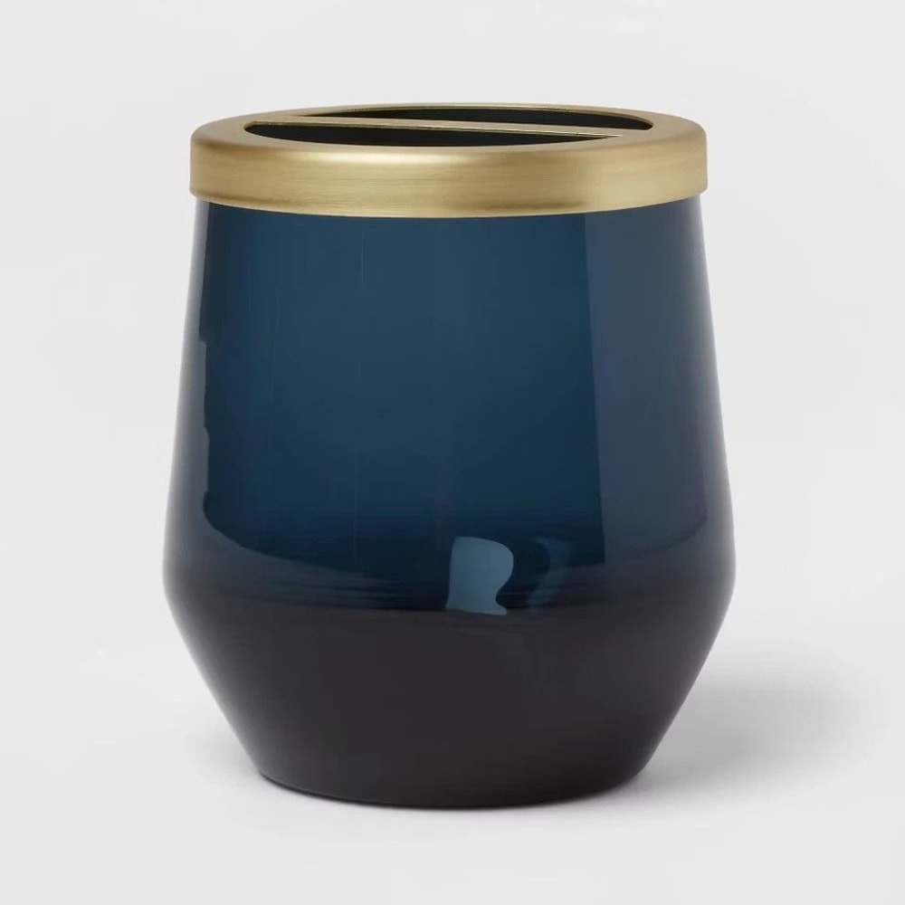 Blue Bath Coordinates Set Glass Frosted Finish Gold Accents Toothbrush Holder Soap Dispenser 2