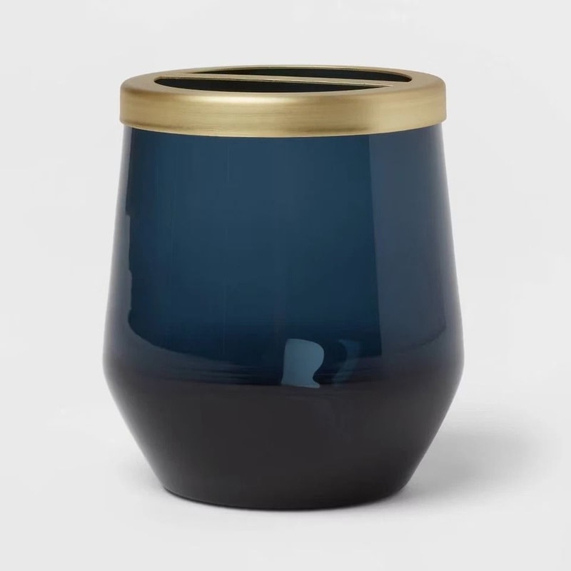 Blue Bath Coordinates Set Glass Frosted Finish Gold Accents Toothbrush Holder Soap Dispenser 2