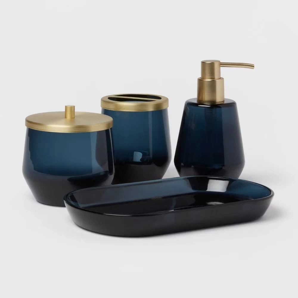 Blue Bath Coordinates Set Glass Frosted Finish Gold Accents Toothbrush Holder Soap Dispenser 0