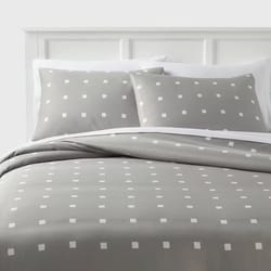 light gray king cotton blend sateen duvet cover and sham set, white dot design, cozy, easy-care bedding set