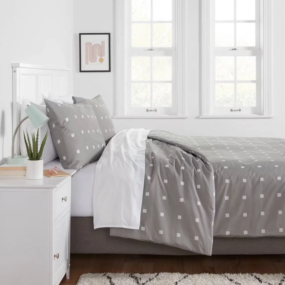 Light Gray King Cotton Blend Sateen Duvet Cover And Sham Set White Dot Design Cozy EasyCare Bedding 4
