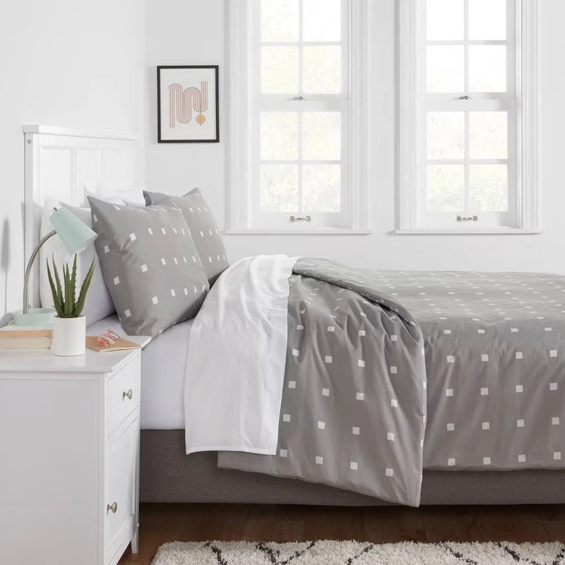 Light Gray King Cotton Blend Sateen Duvet Cover And Sham Set White Dot Design Cozy EasyCare Bedding 4