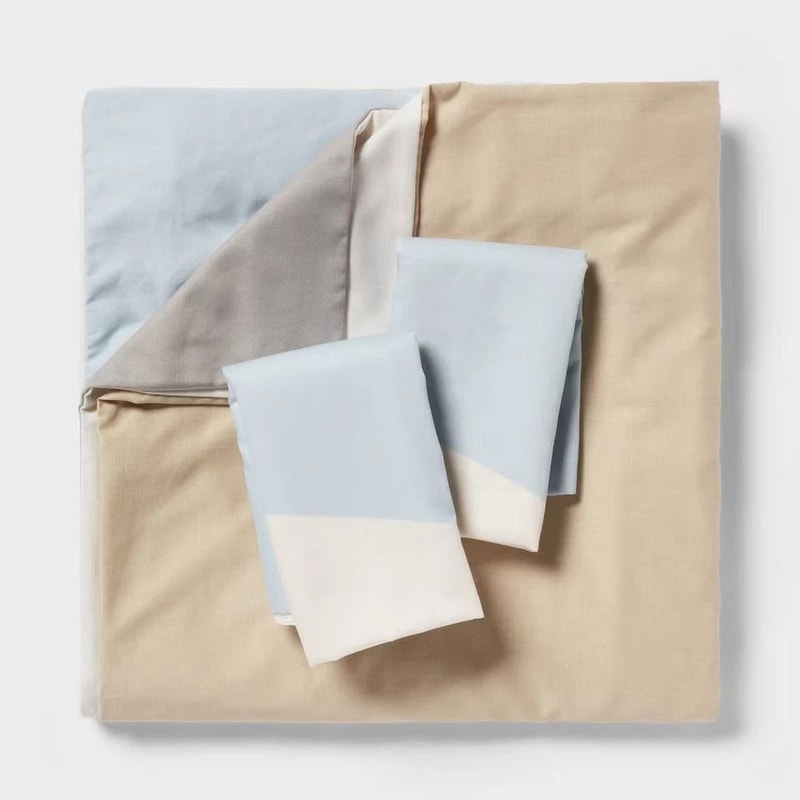 King Size GeoPrint Duvet Cover And Sham Set Ivory Light Blue Khaki Geo Soft Sateen Fabric Button Cl 2