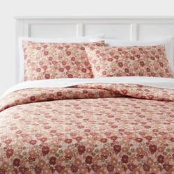 king printed easy care duvet cover and sham set, copper floral, light pink bedding, soft sateen, machine washable duvet