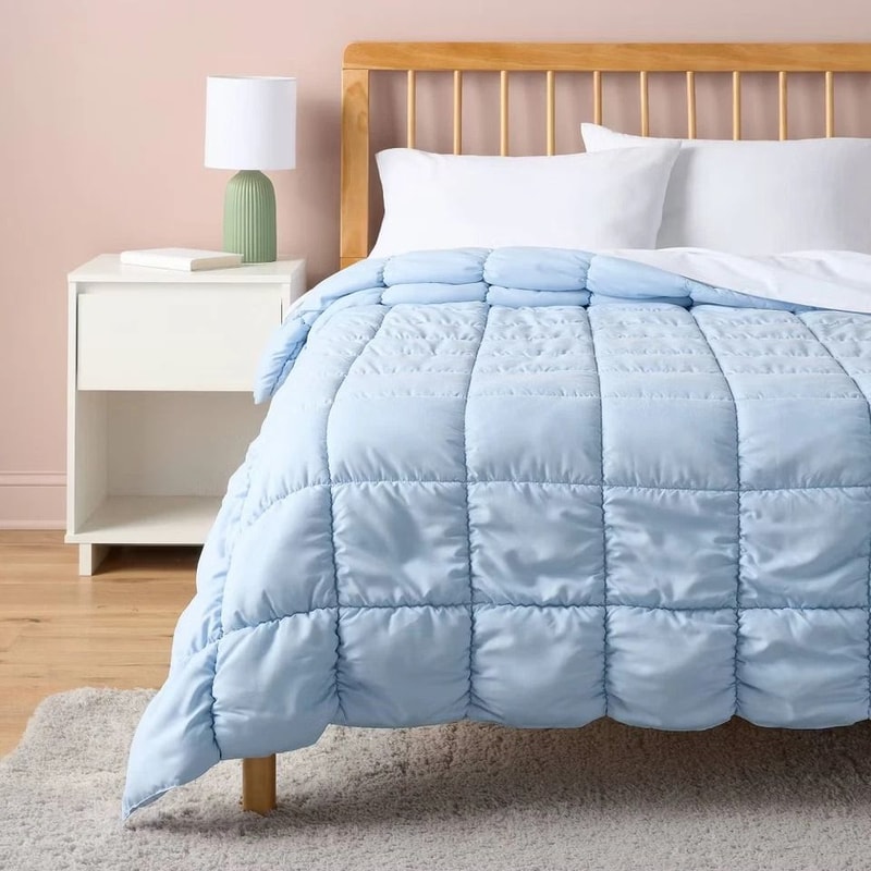 Light Blue FullQueen Box Stitch Puffer Comforter Room Essentials EcoFriendly Recycled Polyester Fi 2
