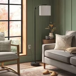 downbridge floor lamp black metal with tan shade, stylish ambient lighting for home, threshold lamp with linen drum
