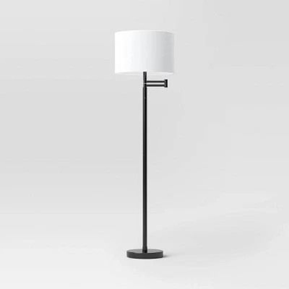 Adjustable Threshold Swing Arm Floor Lamp Black And White Chic Drum Shade Touch Activated Sensor 2