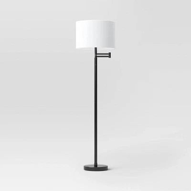 Adjustable Threshold Swing Arm Floor Lamp Black And White Chic Drum Shade Touch Activated Sensor 2